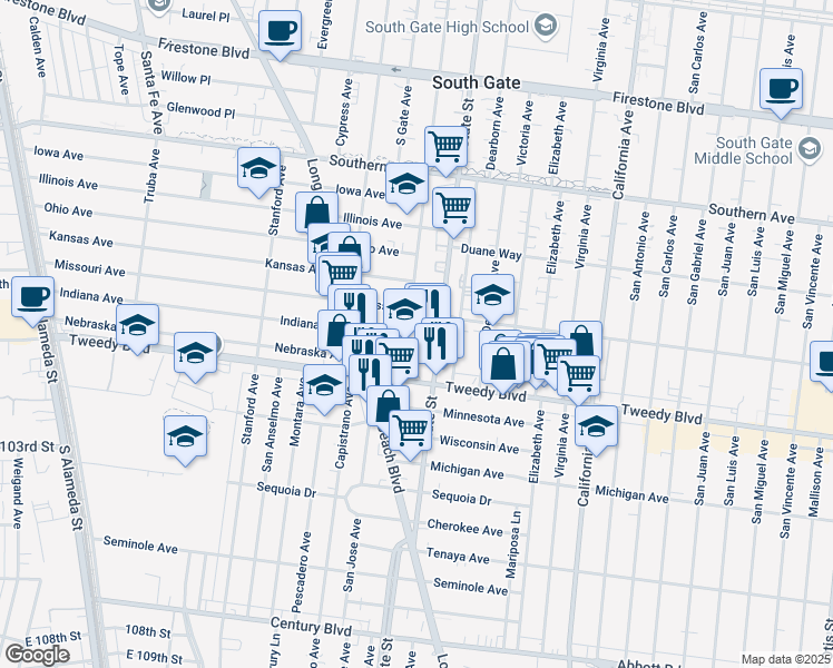 map of restaurants, bars, coffee shops, grocery stores, and more near 9807 Madison Avenue in South Gate