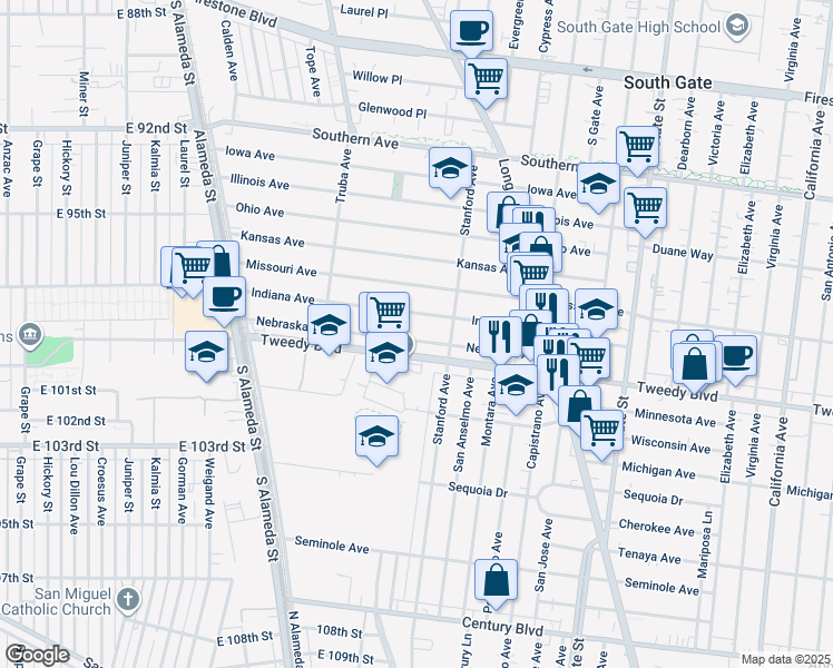 map of restaurants, bars, coffee shops, grocery stores, and more near 2811 Nebraska Avenue in South Gate