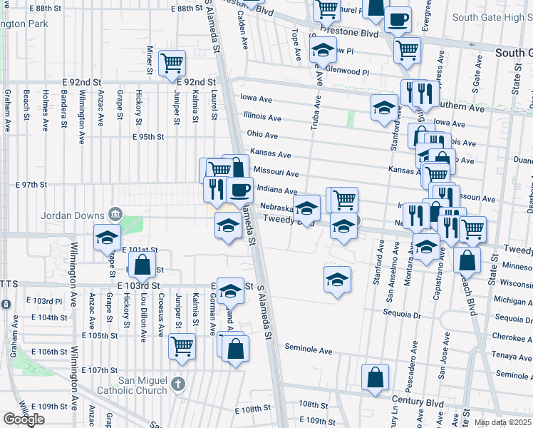 map of restaurants, bars, coffee shops, grocery stores, and more near 2529 Tweedy Boulevard in South Gate