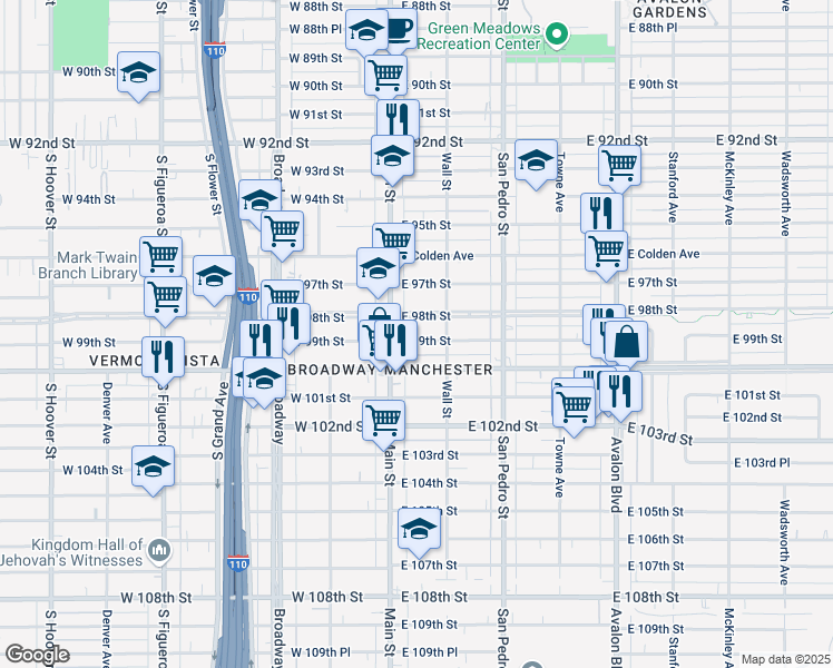 map of restaurants, bars, coffee shops, grocery stores, and more near 9824 South Main Street in Los Angeles