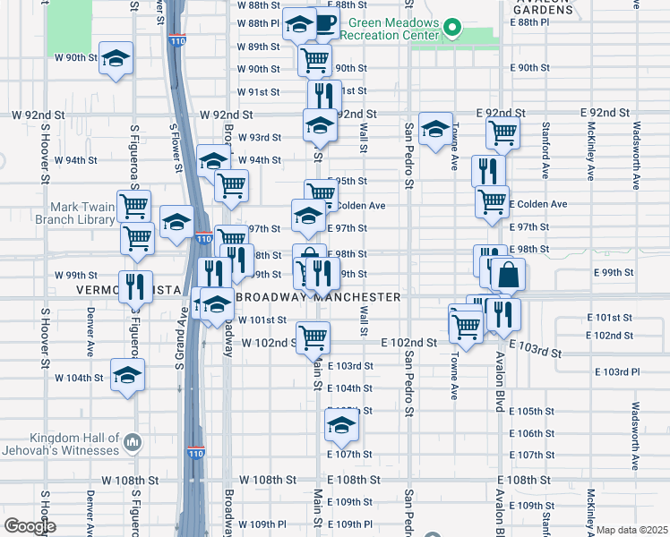 map of restaurants, bars, coffee shops, grocery stores, and more near 9824 South Main Street in Los Angeles