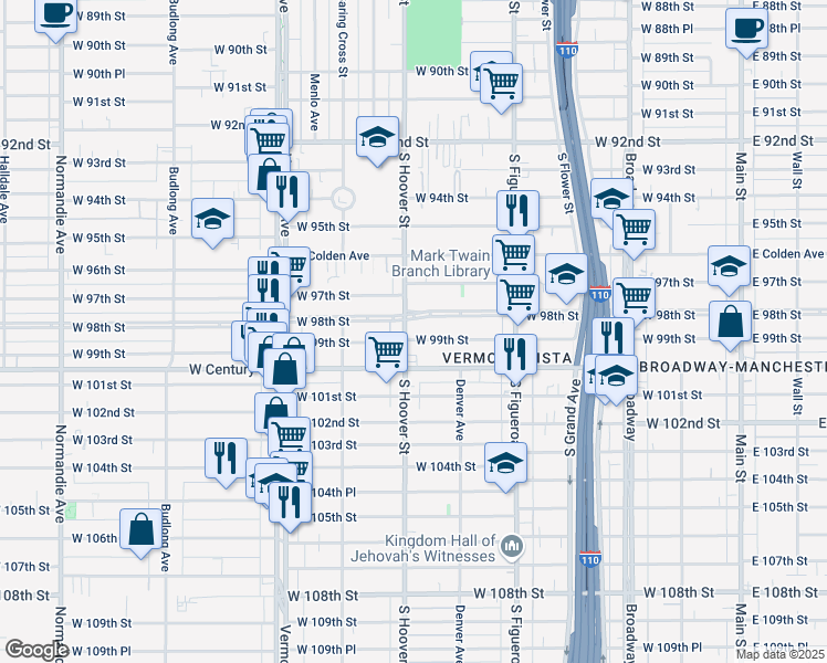 map of restaurants, bars, coffee shops, grocery stores, and more near 9826 South Hoover Street in Los Angeles