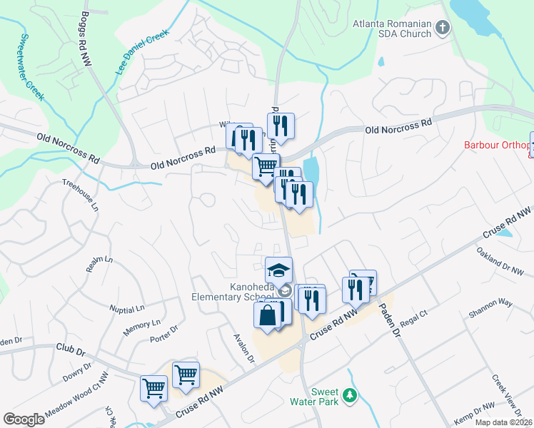 map of restaurants, bars, coffee shops, grocery stores, and more near 932 Waverly Hills Court in Lawrenceville