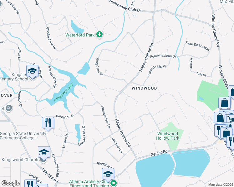 map of restaurants, bars, coffee shops, grocery stores, and more near 5053 Happy Hollow Road in Atlanta