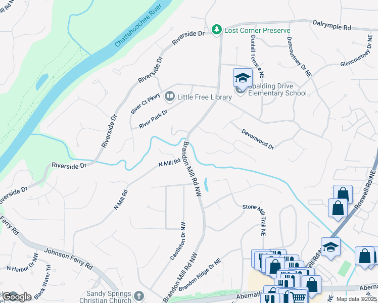 map of restaurants, bars, coffee shops, grocery stores, and more near 6985 Brandon Mill Road Northwest in Atlanta