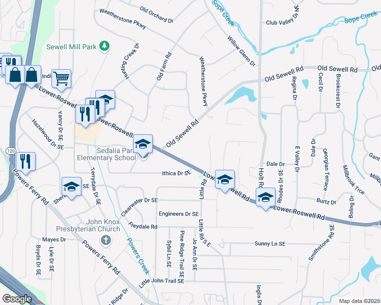 map of restaurants, bars, coffee shops, grocery stores, and more near 155 Palmer Oaks Lane in Marietta