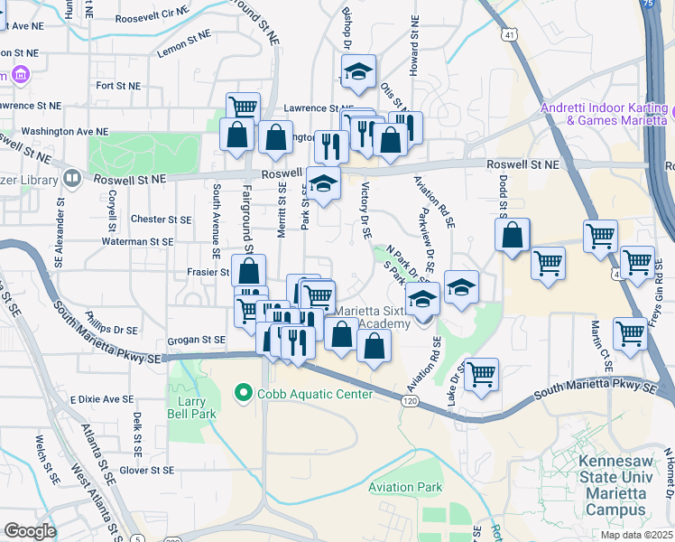 map of restaurants, bars, coffee shops, grocery stores, and more near 127 Vista Circle Southeast in Marietta