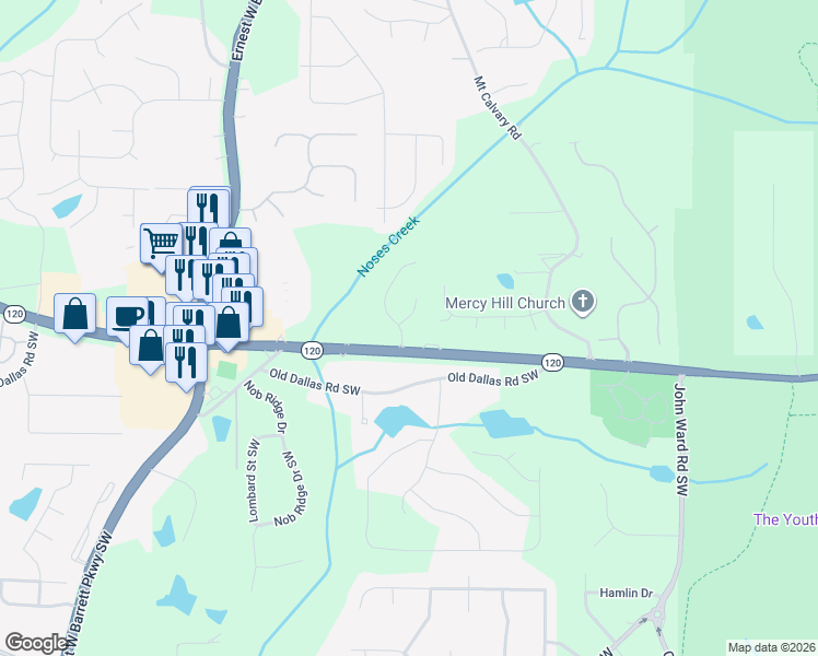 map of restaurants, bars, coffee shops, grocery stores, and more near 291 Martin Way South West in Marietta