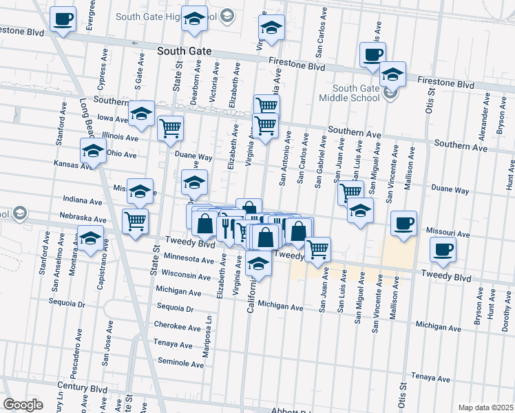 map of restaurants, bars, coffee shops, grocery stores, and more near 9645 California Avenue in South Gate