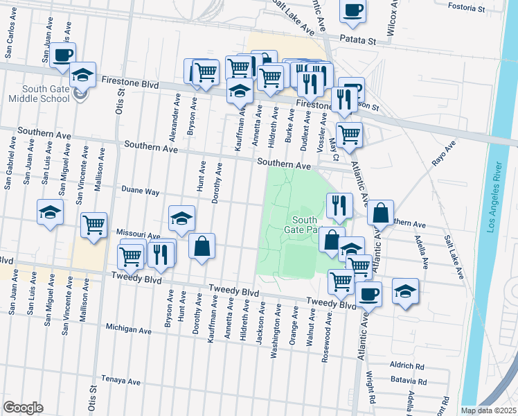 map of restaurants, bars, coffee shops, grocery stores, and more near 9509 Hildreth Avenue in South Gate