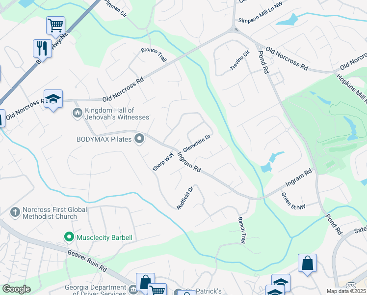 map of restaurants, bars, coffee shops, grocery stores, and more near 4722 Glenwhite Drive in Duluth