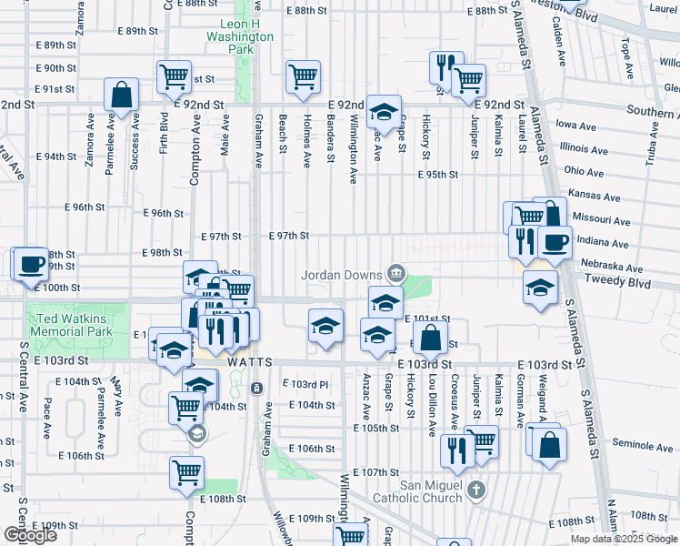 map of restaurants, bars, coffee shops, grocery stores, and more near 9825 Wilmington Avenue in Los Angeles