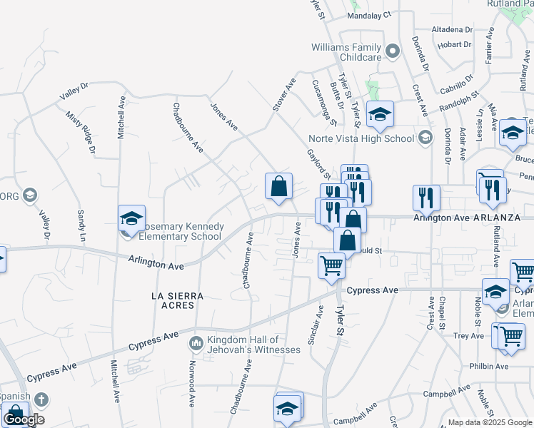 map of restaurants, bars, coffee shops, grocery stores, and more near 10459 Arlington Avenue in Riverside