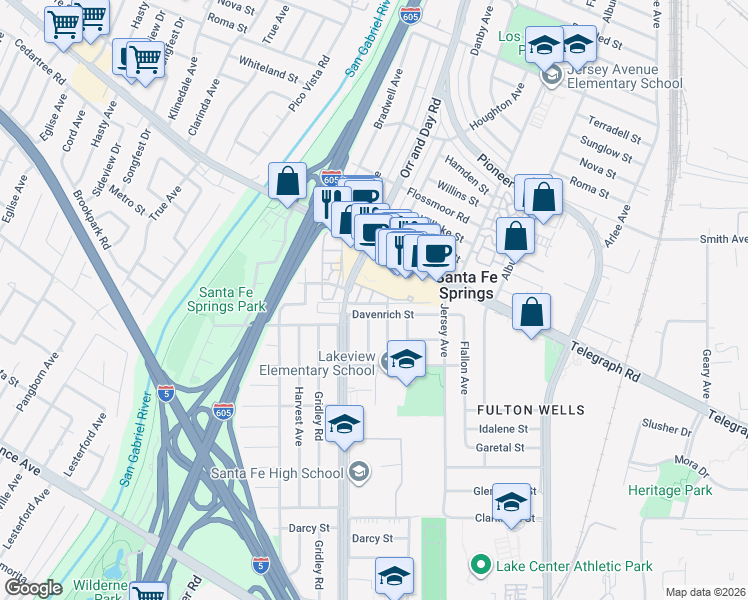 map of restaurants, bars, coffee shops, grocery stores, and more near 11544 Promenade Drive in Santa Fe Springs