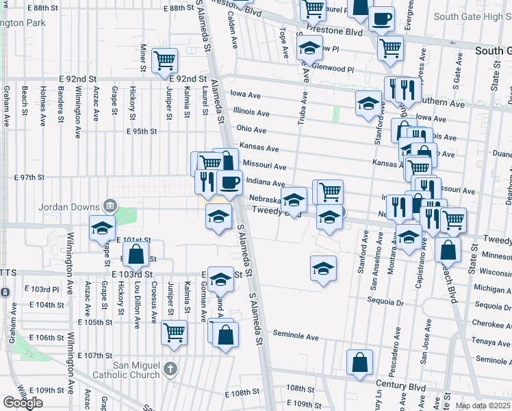 map of restaurants, bars, coffee shops, grocery stores, and more near 2521 Tweedy Boulevard in South Gate