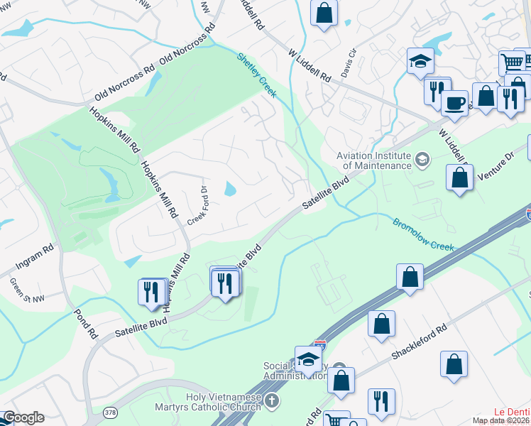map of restaurants, bars, coffee shops, grocery stores, and more near 4225 Hopkins Bluff Way in Duluth