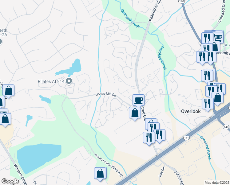 map of restaurants, bars, coffee shops, grocery stores, and more near 6687 September Eve in Norcross