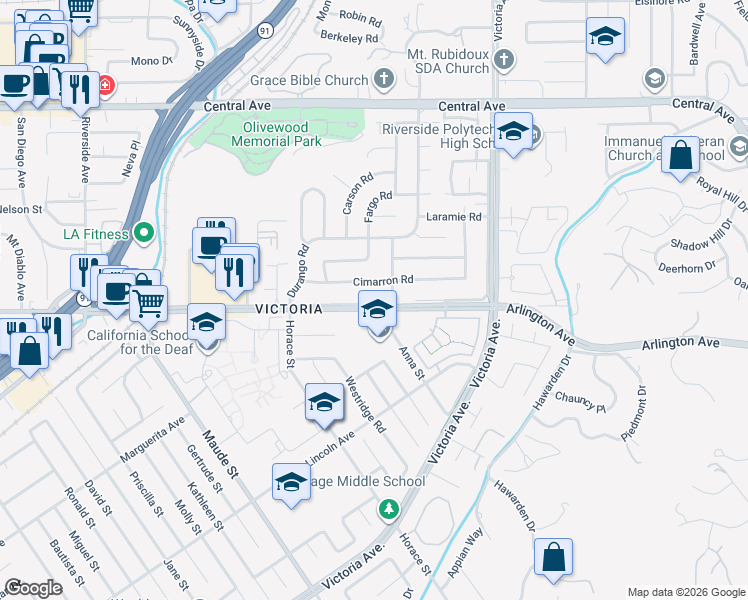 map of restaurants, bars, coffee shops, grocery stores, and more near 2911 Arlington Avenue in Riverside