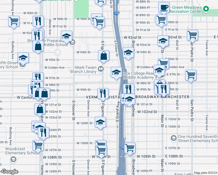map of restaurants, bars, coffee shops, grocery stores, and more near 443 West 99th Street in Los Angeles