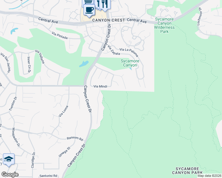 map of restaurants, bars, coffee shops, grocery stores, and more near 800 Vía Mindi in Riverside