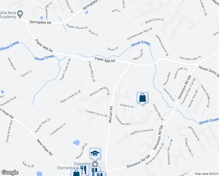 map of restaurants, bars, coffee shops, grocery stores, and more near 490 Windsor Brook Lane Southeast in Lawrenceville