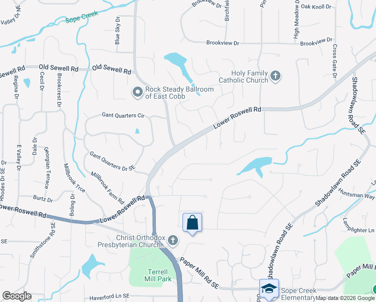 map of restaurants, bars, coffee shops, grocery stores, and more near 3128 Lower Roswell Road in Marietta