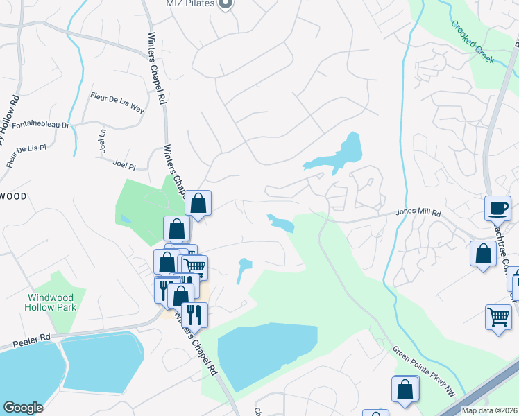 map of restaurants, bars, coffee shops, grocery stores, and more near 3612 Jones Mill Road in Doraville