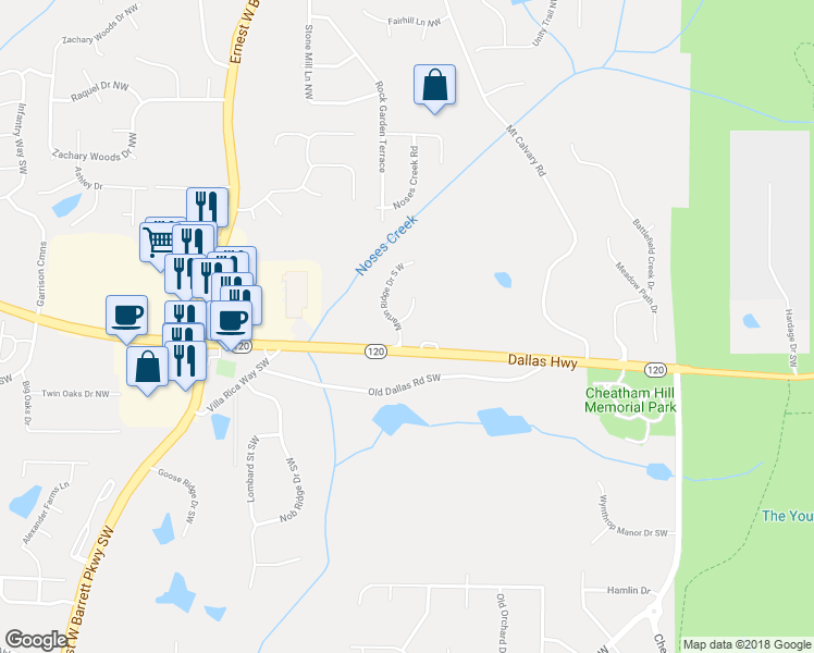 map of restaurants, bars, coffee shops, grocery stores, and more near 291 Martin Way South West in Marietta