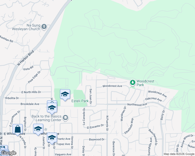 map of restaurants, bars, coffee shops, grocery stores, and more near 18259 Midbury Street in Brea