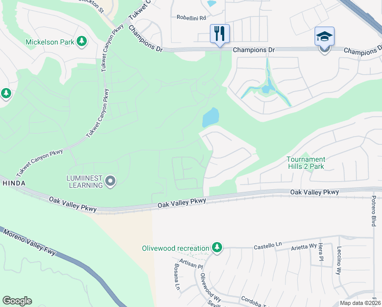 map of restaurants, bars, coffee shops, grocery stores, and more near Oak Valley Parkway in Beaumont