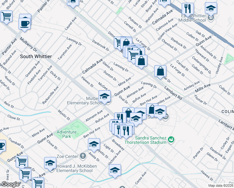 map of restaurants, bars, coffee shops, grocery stores, and more near Gunn Avenue in Whittier