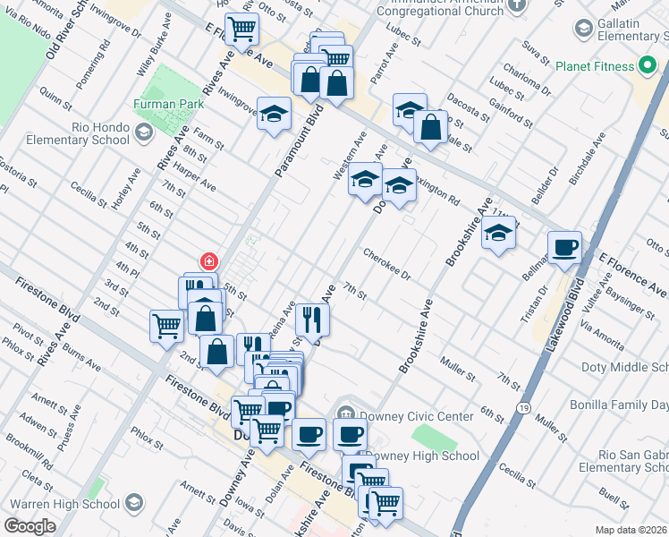 map of restaurants, bars, coffee shops, grocery stores, and more near 10547 Downey Avenue in Downey