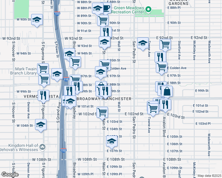 map of restaurants, bars, coffee shops, grocery stores, and more near 9824 South Main Street in Los Angeles