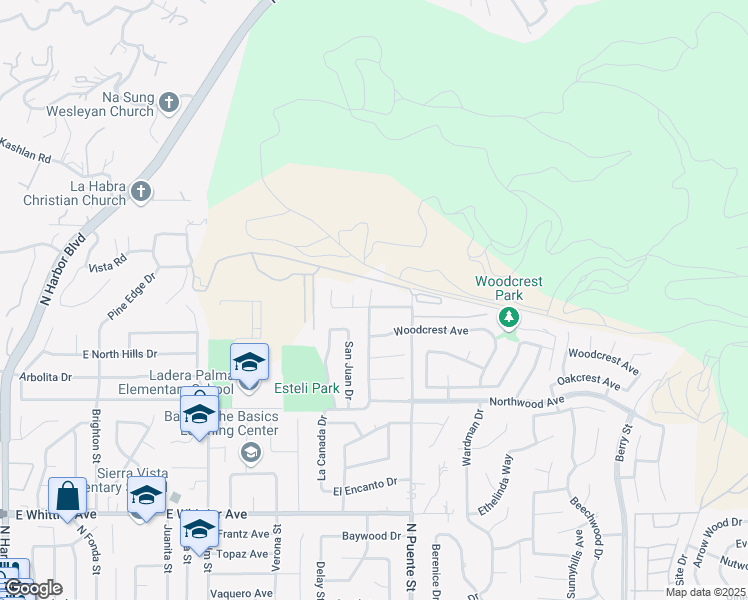 map of restaurants, bars, coffee shops, grocery stores, and more near 18259 Midbury Street in Brea