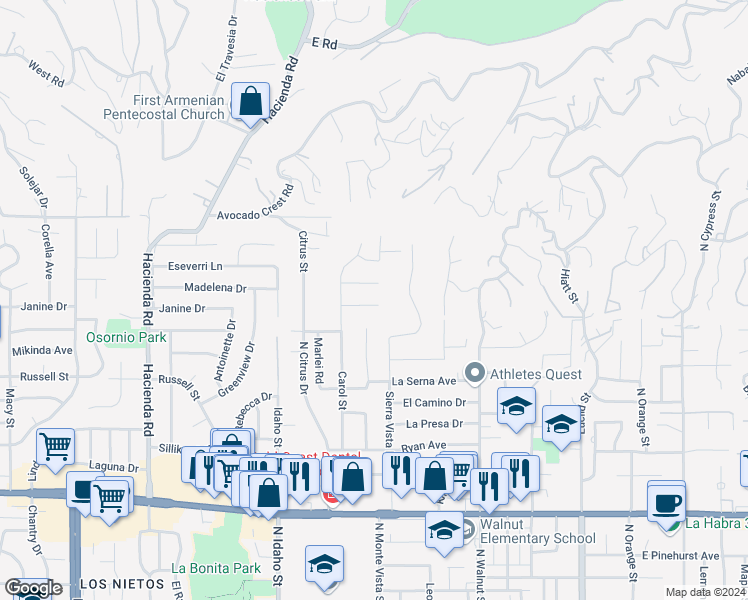 map of restaurants, bars, coffee shops, grocery stores, and more near 541 Papyrus Drive in La Habra Heights