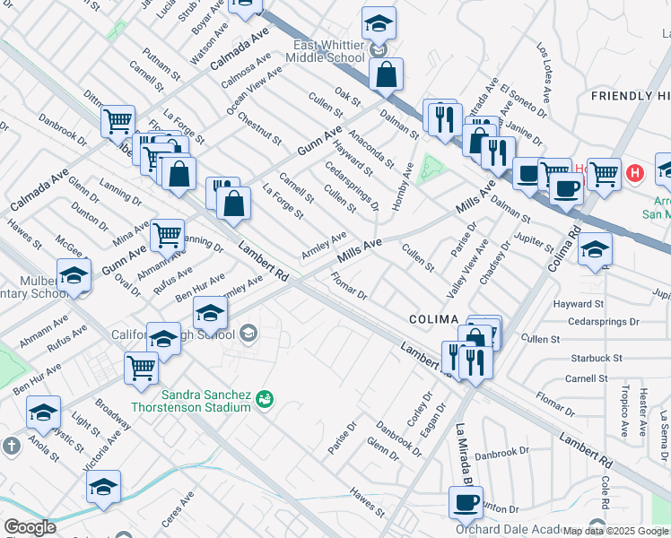 map of restaurants, bars, coffee shops, grocery stores, and more near 9452 Mills Avenue in Whittier