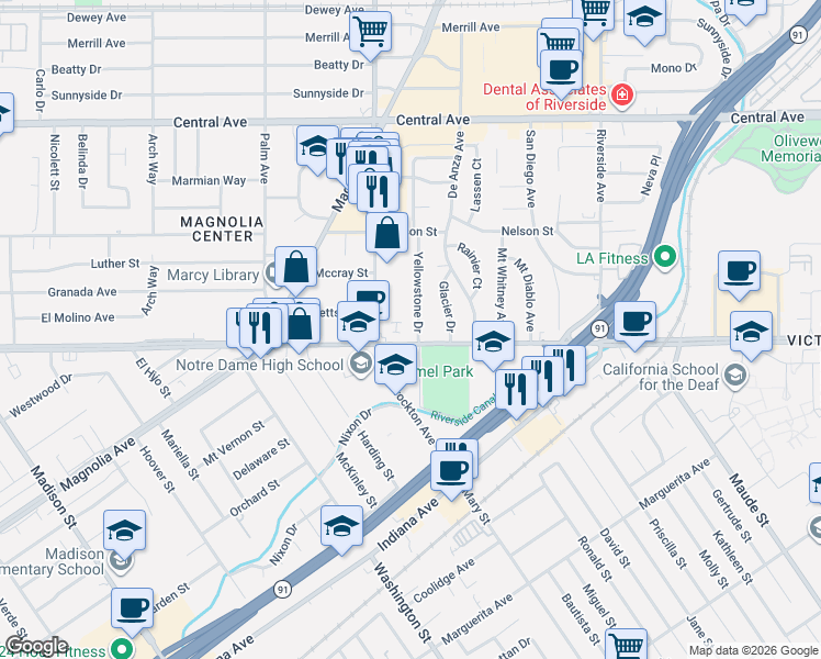 map of restaurants, bars, coffee shops, grocery stores, and more near 6975 Yellowstone Drive in Riverside