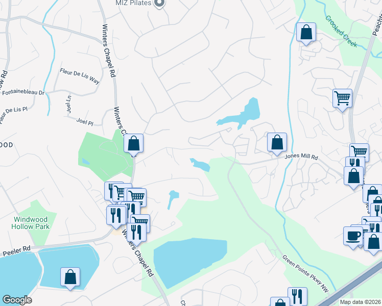 map of restaurants, bars, coffee shops, grocery stores, and more near 3612 Jones Mill Road in Doraville