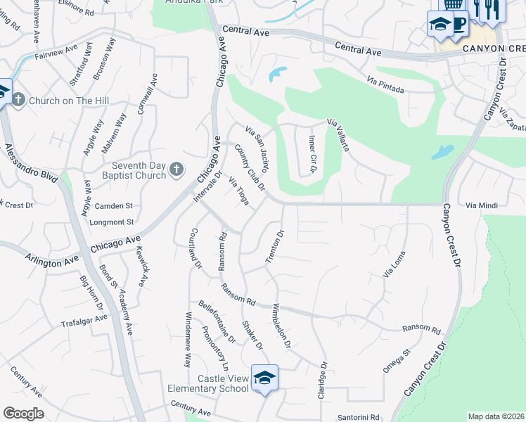 map of restaurants, bars, coffee shops, grocery stores, and more near 5820 Shaker Drive in Riverside