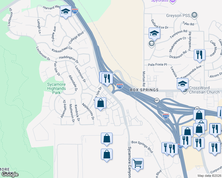 map of restaurants, bars, coffee shops, grocery stores, and more near 5720 Sycamore Canyon Boulevard in Riverside