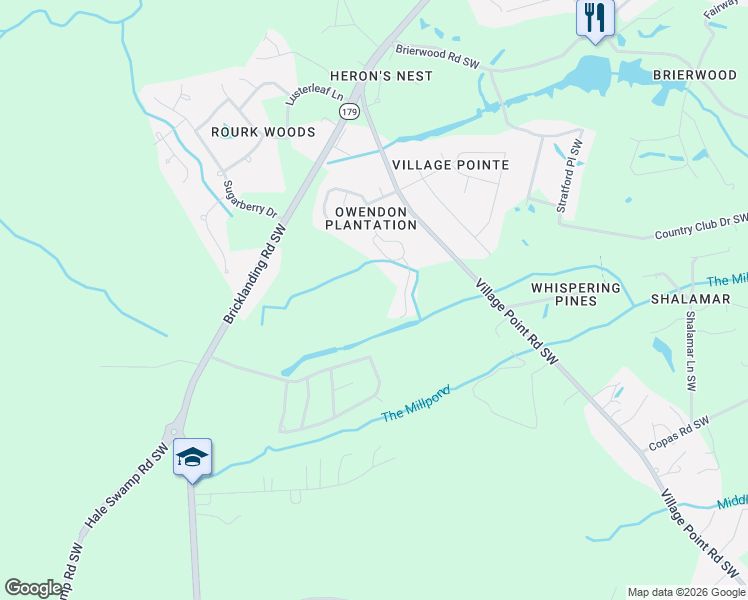 map of restaurants, bars, coffee shops, grocery stores, and more near Pine Lake Trail in Shallotte