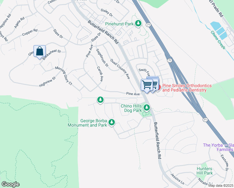 map of restaurants, bars, coffee shops, grocery stores, and more near 5549 Pine Avenue in Chino Hills