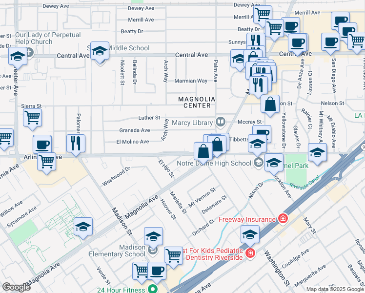 map of restaurants, bars, coffee shops, grocery stores, and more near 4609 Arlington Avenue in Riverside