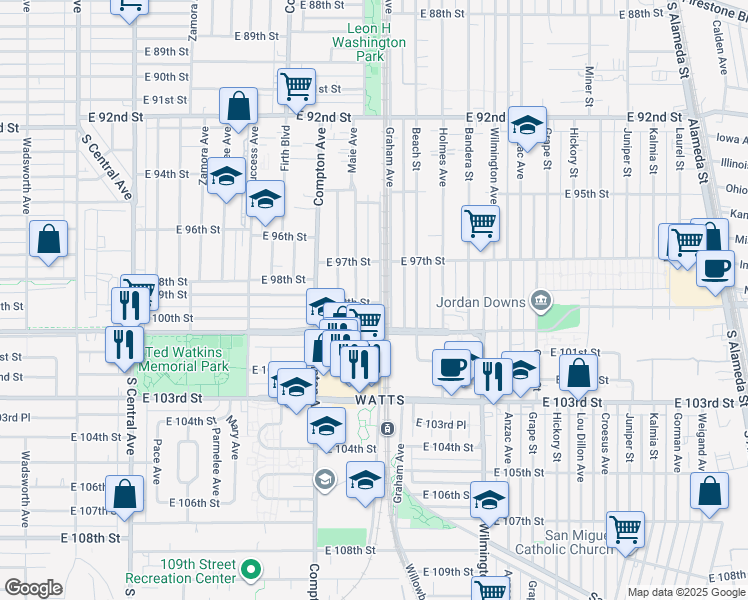 map of restaurants, bars, coffee shops, grocery stores, and more near 1657 East Century Boulevard in Los Angeles