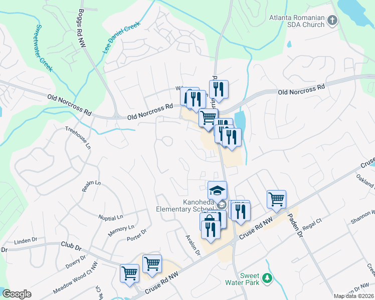 map of restaurants, bars, coffee shops, grocery stores, and more near 2712 Waverly Hills Drive in Lawrenceville
