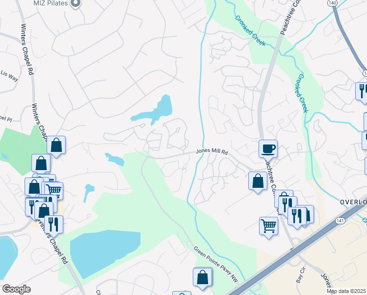 map of restaurants, bars, coffee shops, grocery stores, and more near 200 Ashley Lakes Drive in Peachtree Corners