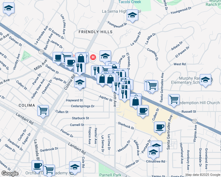 map of restaurants, bars, coffee shops, grocery stores, and more near 15236 Whittier Boulevard in Whittier