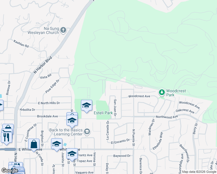 map of restaurants, bars, coffee shops, grocery stores, and more near 5635 Alwick Place in Brea