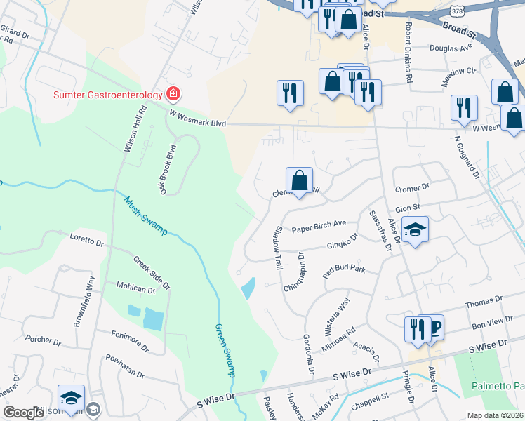 map of restaurants, bars, coffee shops, grocery stores, and more near 2401 Clematis Trail in Sumter