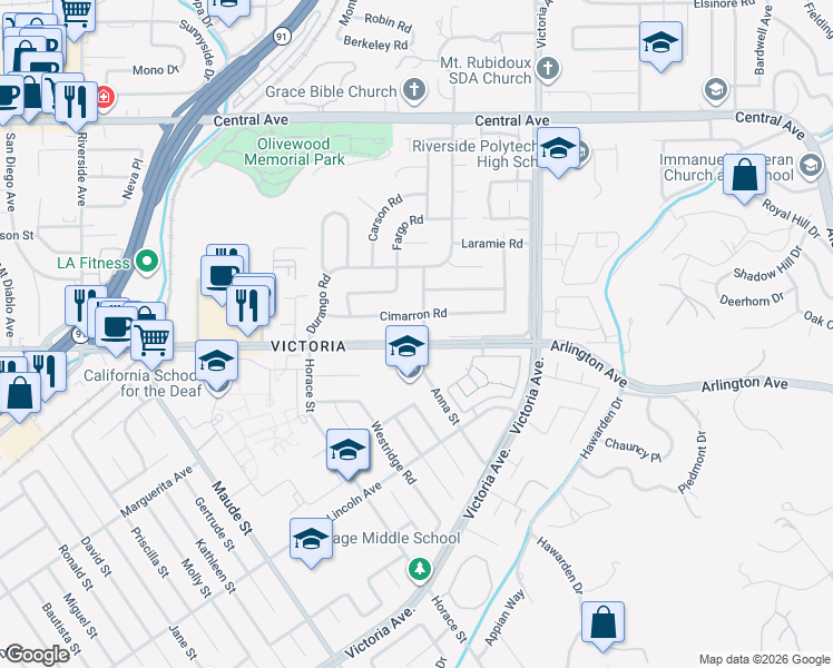 map of restaurants, bars, coffee shops, grocery stores, and more near 2911 Arlington Avenue in Riverside